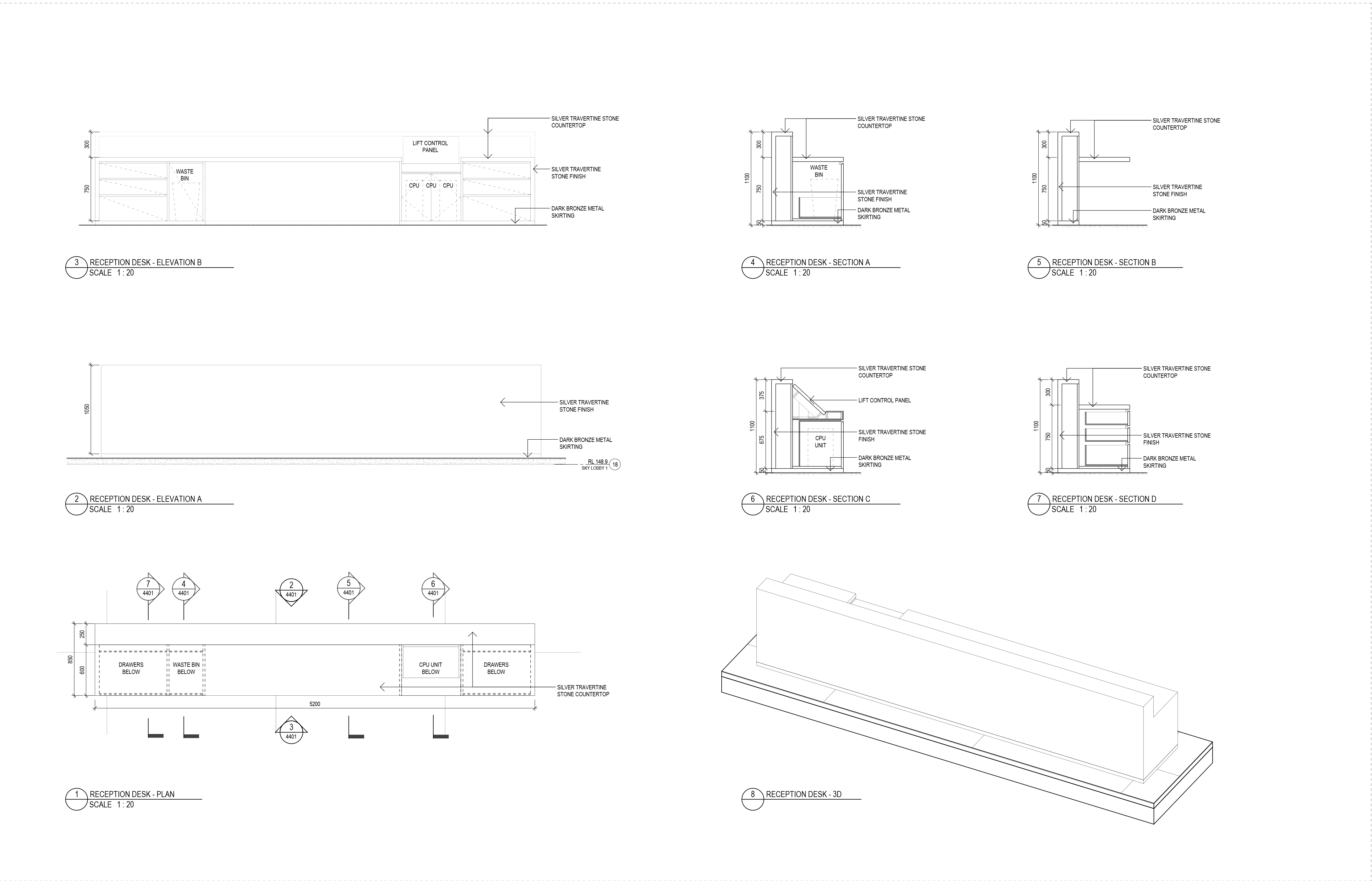 Reception desk: plan, elevations and sections