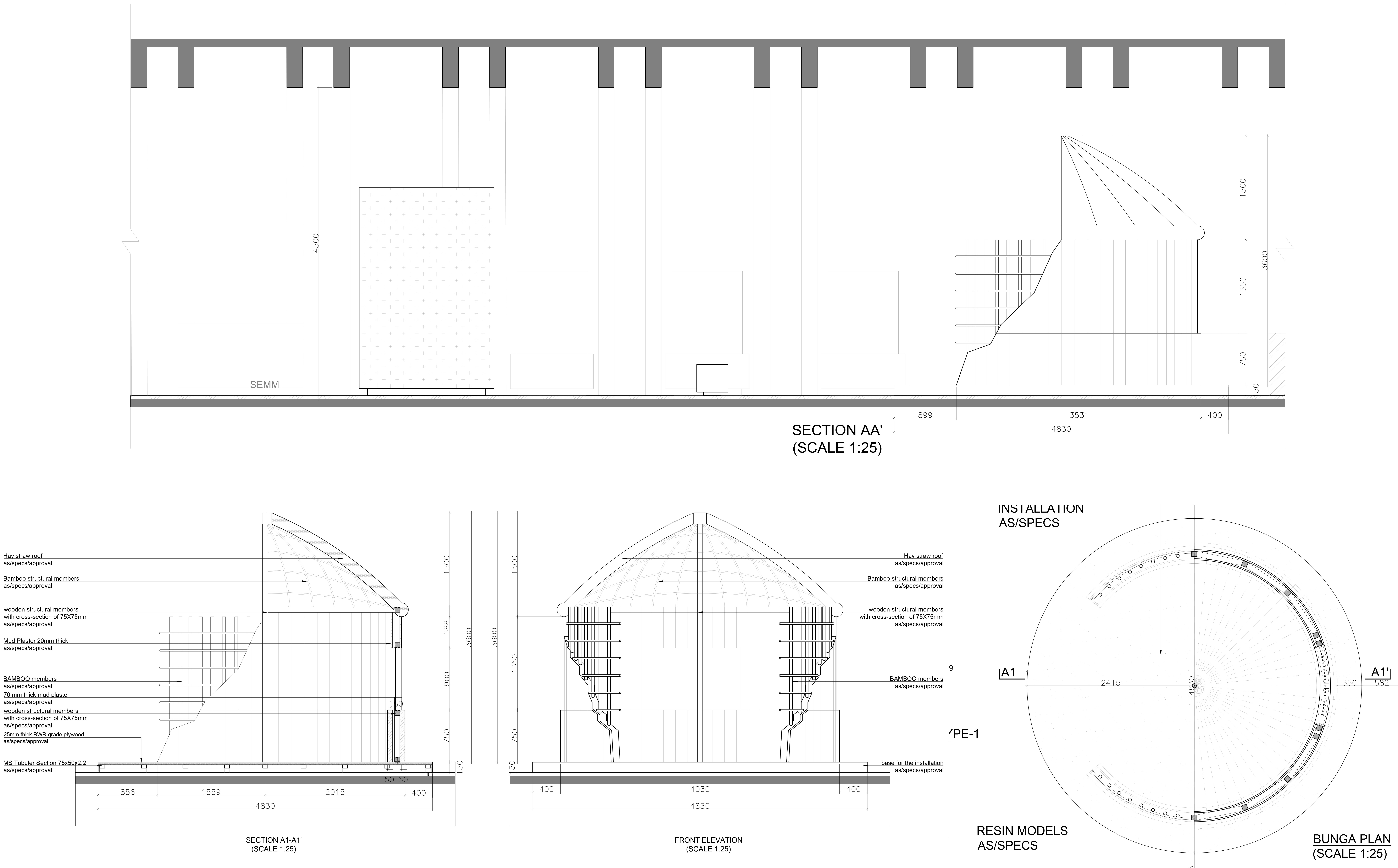 Bunga installation fabrication drawings: section, elevations, ceiling plan and floor plan